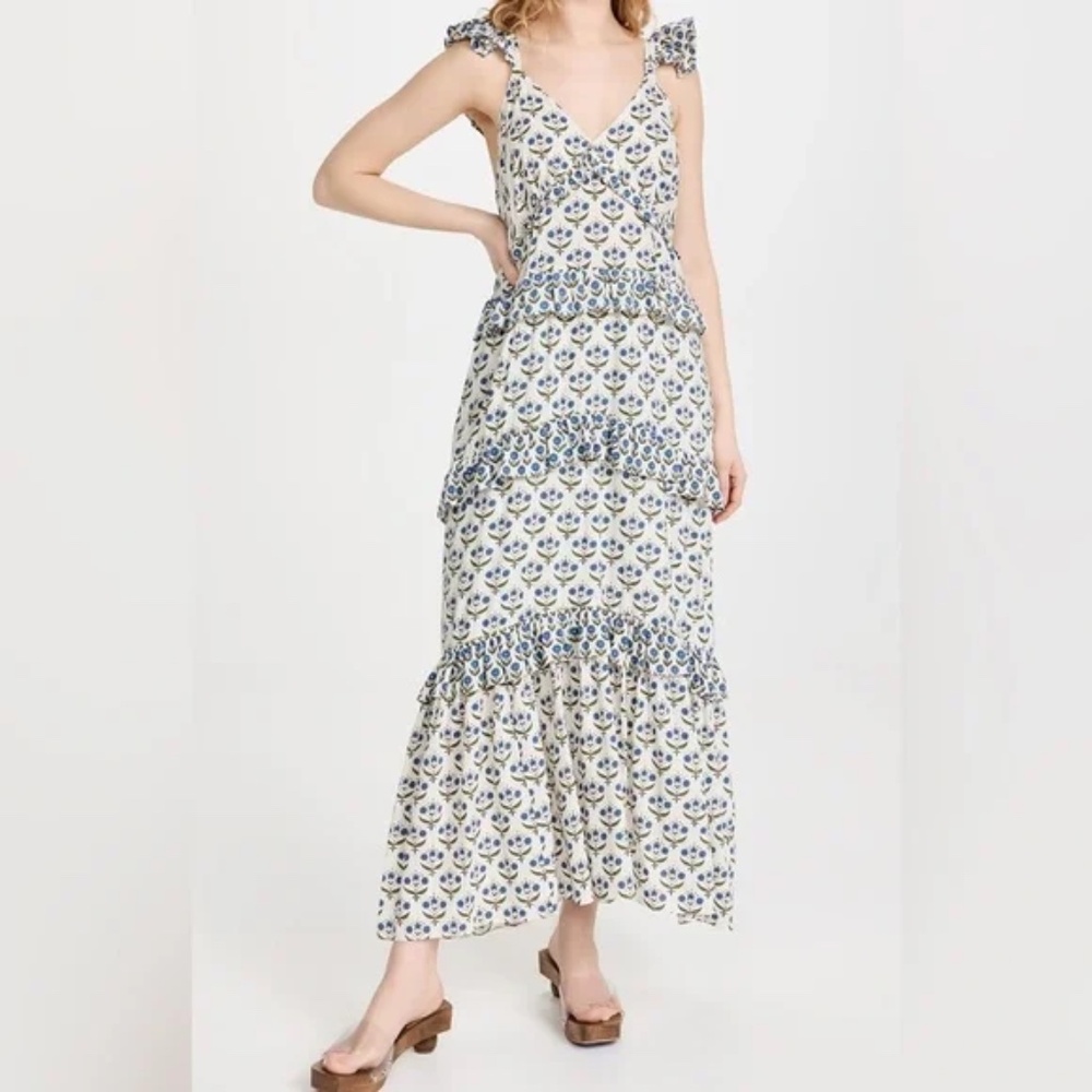 MISA Blue White Mediterranean Floral Tiered Maxi Dress XS